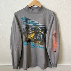 HARLEY-DAVIDSON Vintage 90s Long-Sleeve Mock Neck Graphic T-Shirt USA Made Men L